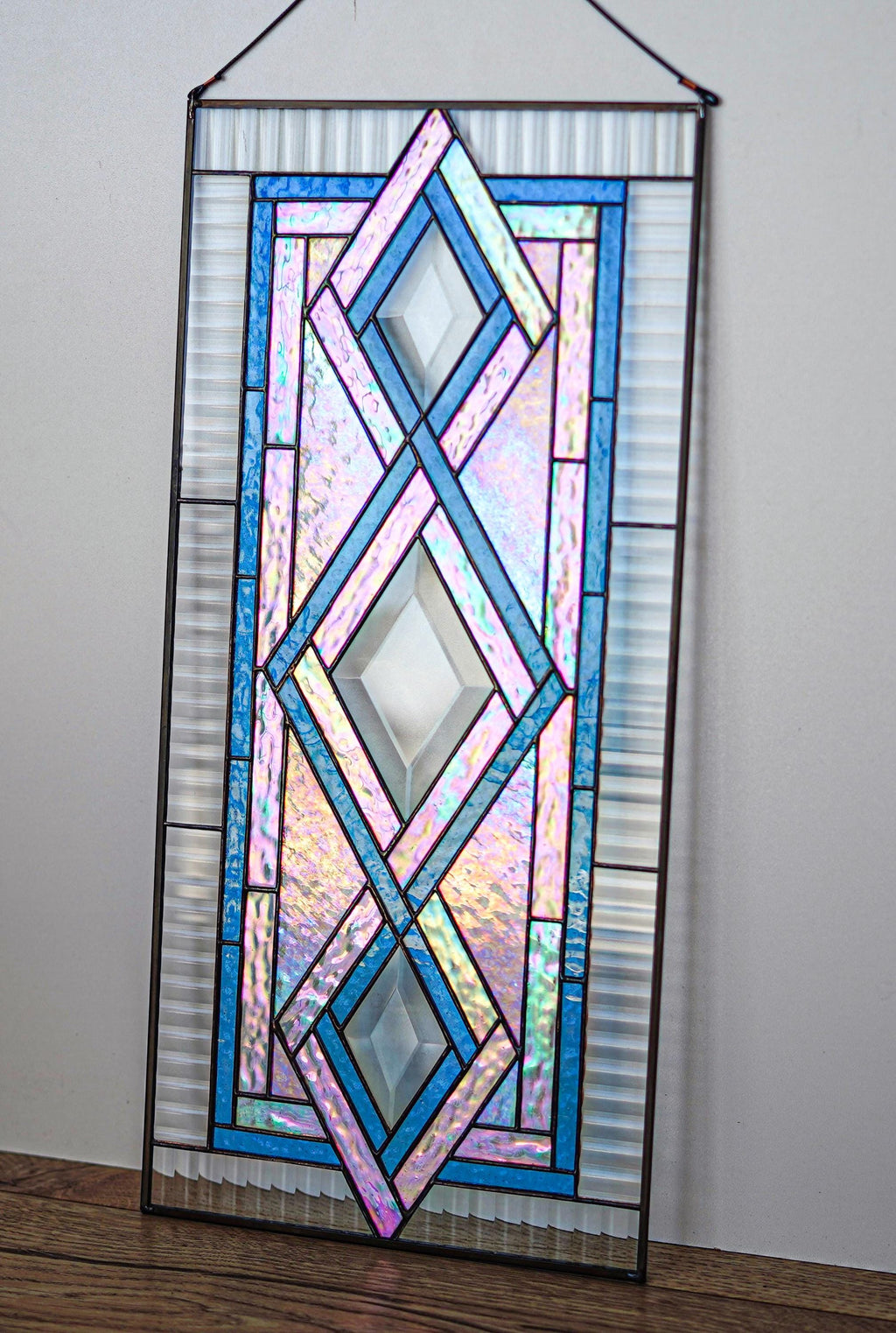 Stained Glass Geometric Bevel Panel 19.5x9 Inch, Handmade Iridescent Blue Diamond Window Hanging, Modern Wall Art, Personalized Gift