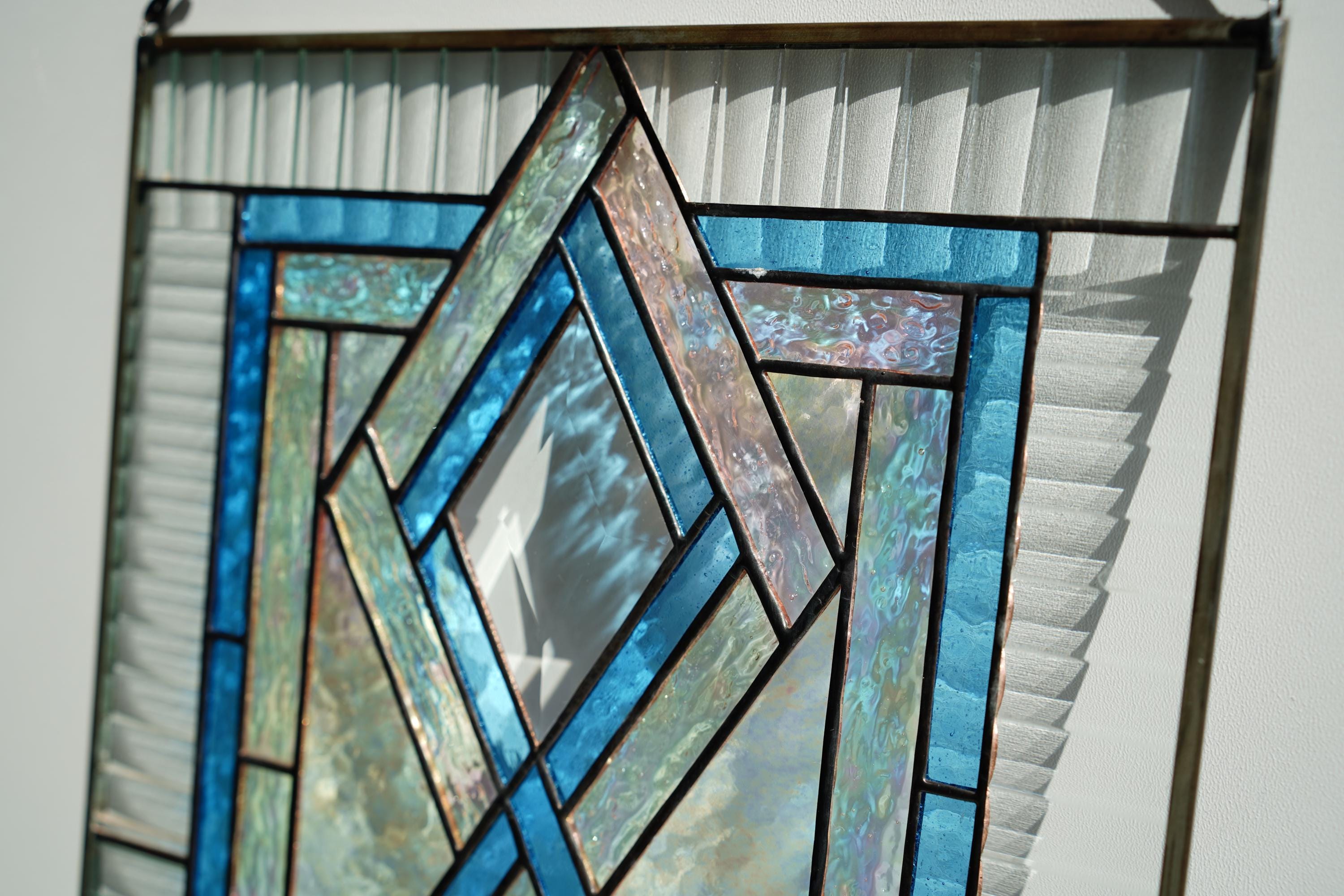 Stained Glass Geometric Bevel Panel 19.5x9 Inch, Handmade Iridescent Blue Diamond Window Hanging, Modern Wall Art, Personalized Gift