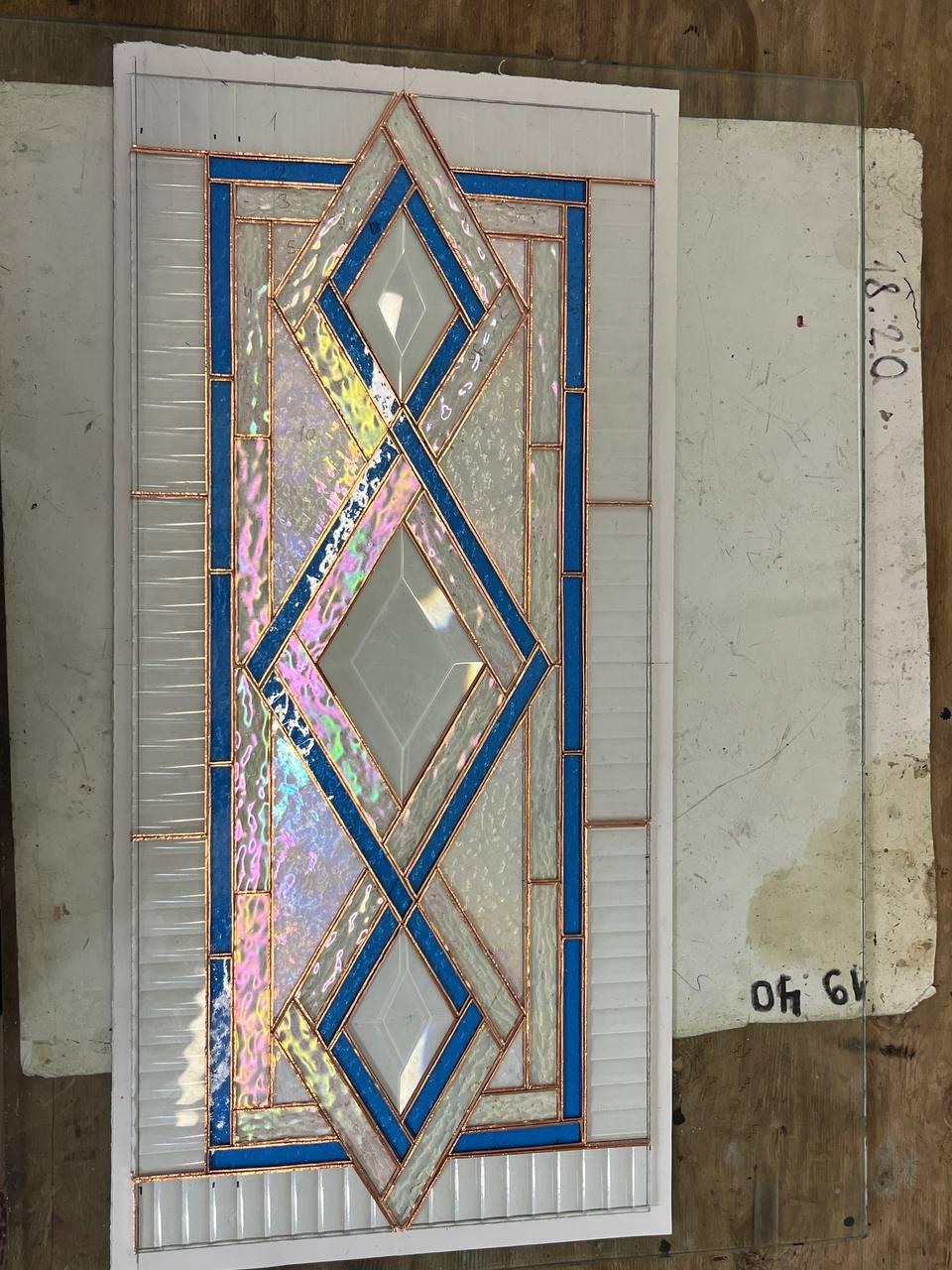 Stained Glass Geometric Bevel Panel 19.5x9 Inch, Handmade Iridescent Blue Diamond Window Hanging, Modern Wall Art, Personalized Gift