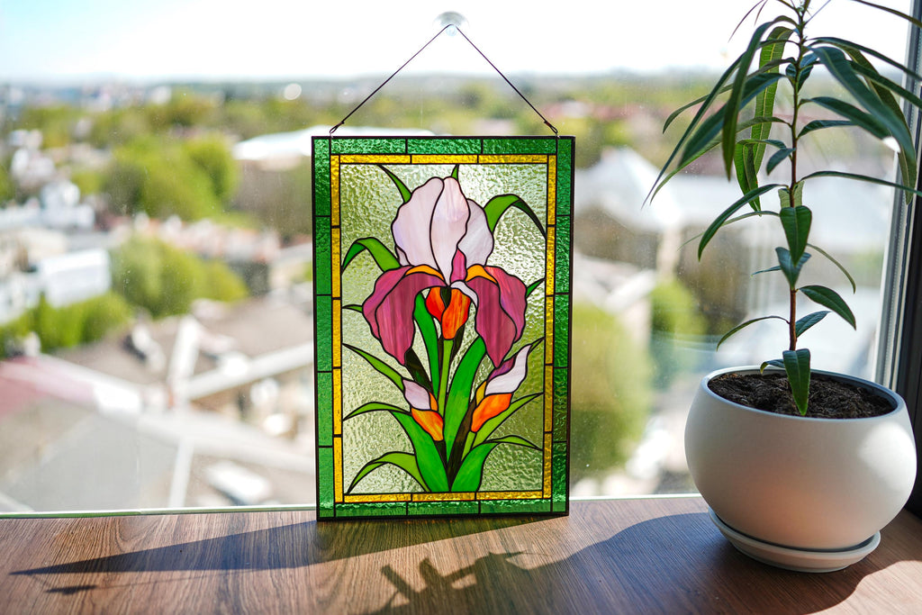 Pink Bearded Iris Stained Glass Panel Suncatcher, Tennessee State Flower Window Hanging 17.5x12 In, Gift for Her, Tiffany Glass Art