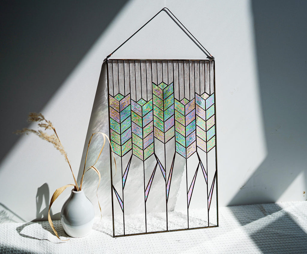 Stained Glass Wheat Panel 19x12.2 In, Handmade Iridescent Wheat Stalks Suncatcher, Window Hanging, Modern Wall Art, Mother’s Day gift