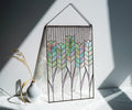 Stained Glass Wheat Panel 19x12.2 In, Handmade Iridescent Wheat Stalks Suncatcher, Window Hanging, Modern Wall Art, Mother’s Day gift
