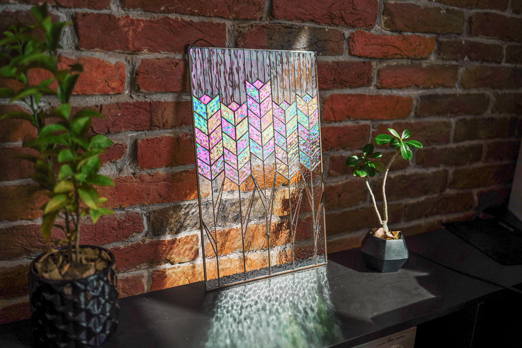 Stained Glass Wheat Panel 19x12.2 In, Handmade Iridescent Wheat Stalks Suncatcher, Window Hanging, Modern Wall Art, Mother’s Day gift