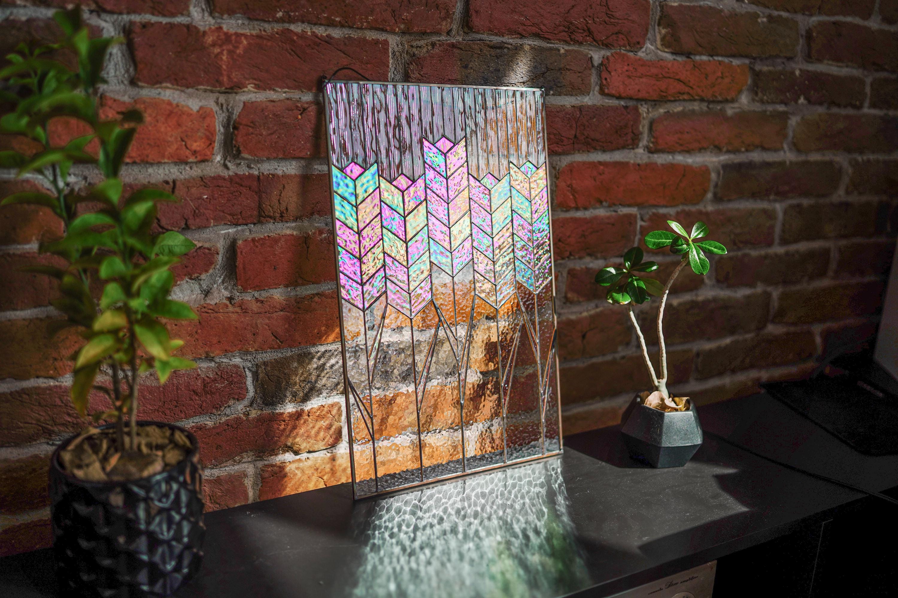 Stained Glass Wheat Panel 19x12.2 In, Handmade Iridescent Wheat Stalks Suncatcher, Window Hanging, Modern Wall Art, Mother’s Day gift