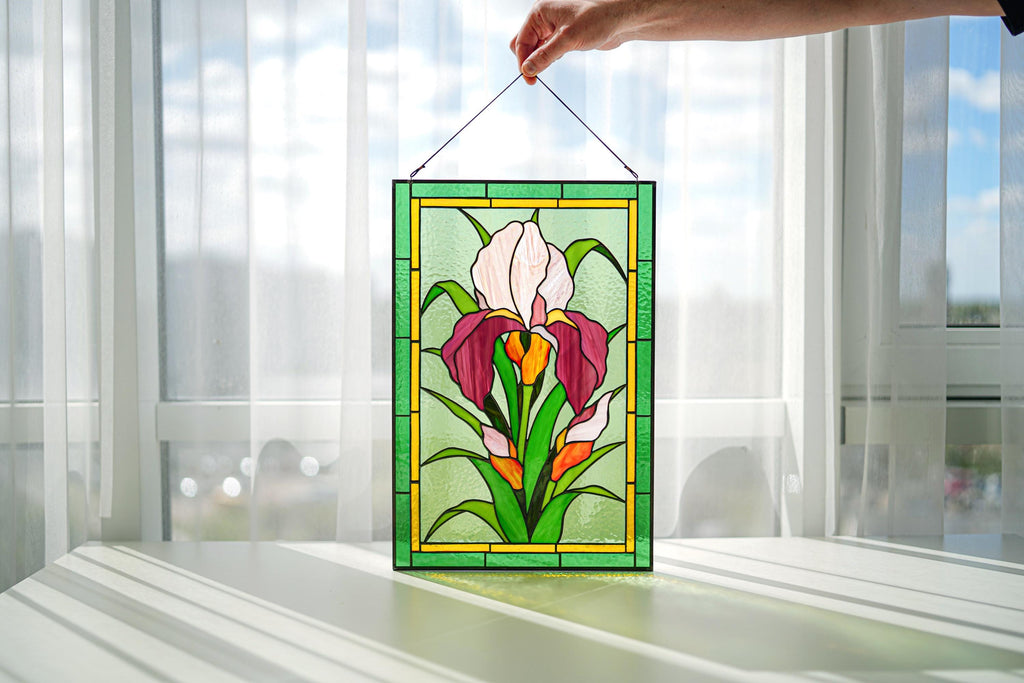 Pink Bearded Iris Stained Glass Panel Suncatcher, Tennessee State Flower Window Hanging 17.5x12 In, Gift for Her, Tiffany Glass Art