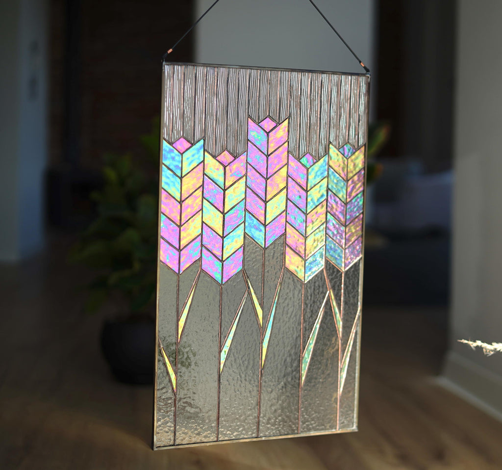Stained Glass Wheat Panel 19x12.2 In, Handmade Iridescent Wheat Stalks Suncatcher, Window Hanging, Modern Wall Art, Mother’s Day gift