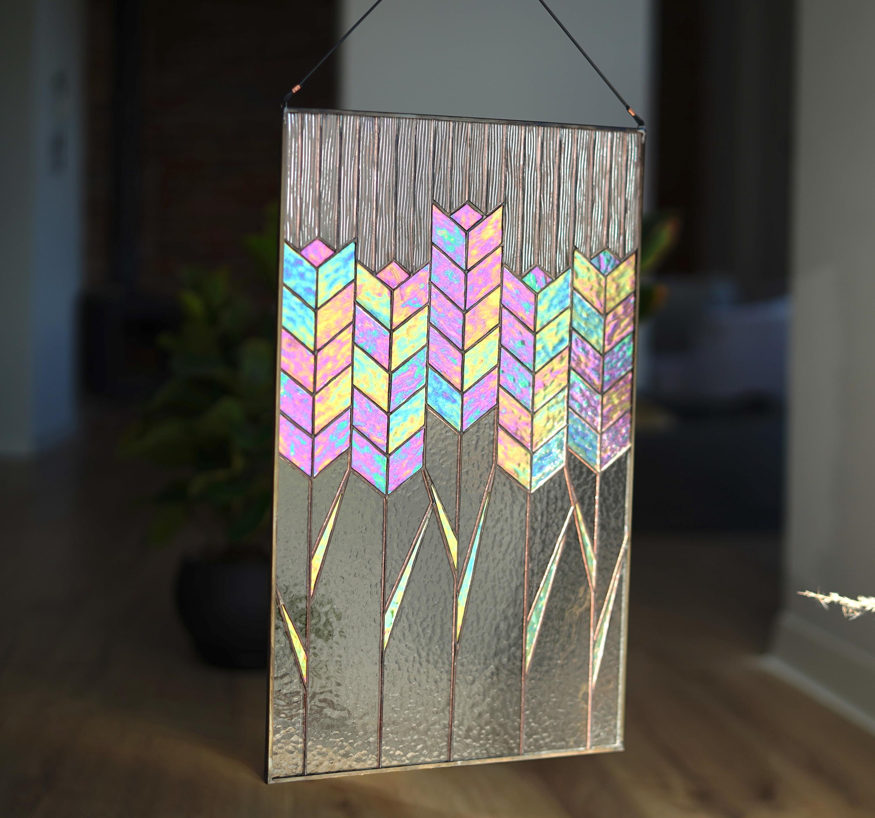 Stained Glass Wheat Panel 19x12.2 In, Handmade Iridescent Wheat Stalks Suncatcher, Window Hanging, Modern Wall Art, Mother’s Day gift