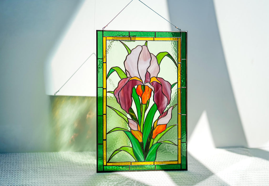 Pink Bearded Iris Stained Glass Panel Suncatcher, Tennessee State Flower Window Hanging 17.5x12 In, Gift for Her, Tiffany Glass Art