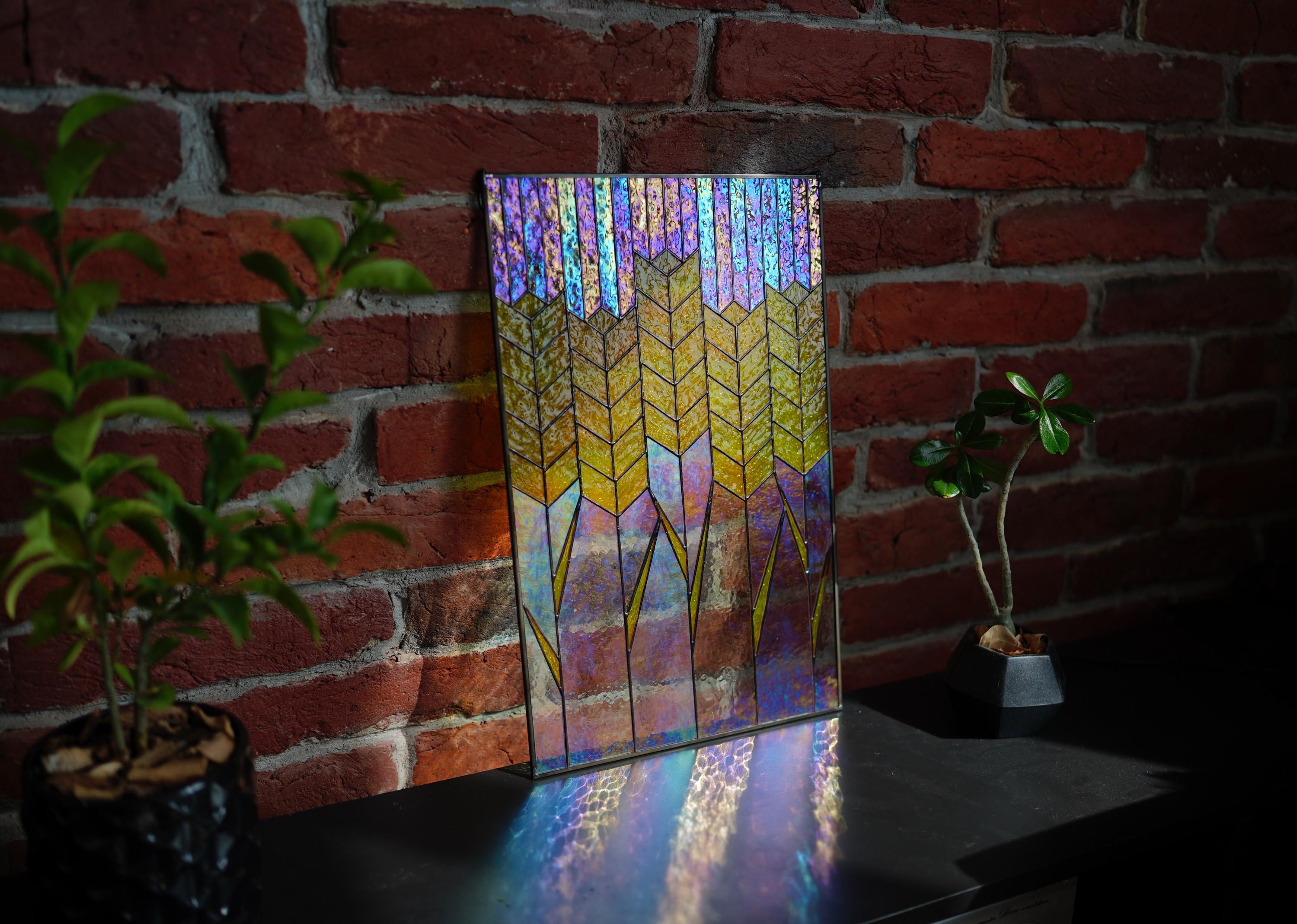 Golden Wheat Ears Stained Glass Panel Suncatcher, Ukrainian Spikelet Window Hanging 19x12.2 In, Harvest Wall Art, Farmhouse Kitchen Gift