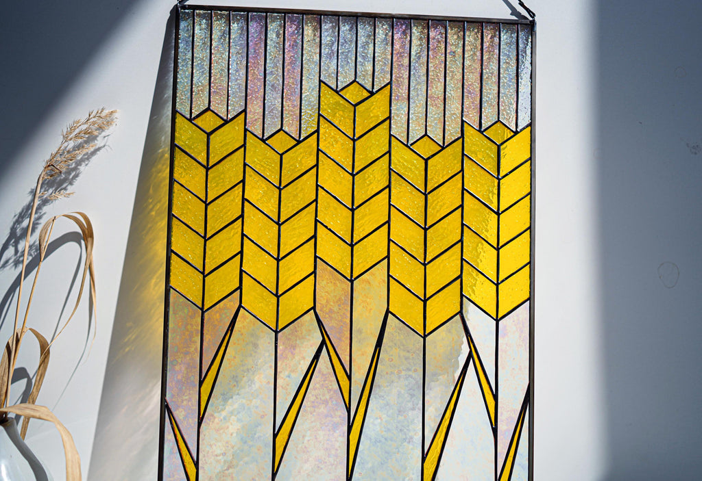 Golden Wheat Ears Stained Glass Panel Suncatcher, Ukrainian Spikelet Window Hanging 19x12.2 In, Harvest Wall Art, Farmhouse Kitchen Gift
