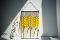 Golden Wheat Ears Stained Glass Panel Suncatcher, Ukrainian Spikelet Window Hanging 19x12.2 In, Harvest Wall Art, Farmhouse Kitchen Gift