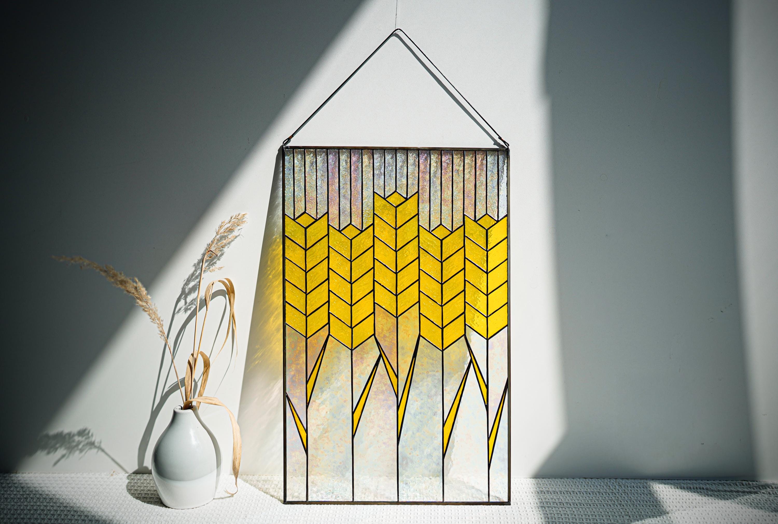 Golden Wheat Ears Stained Glass Panel Suncatcher, Ukrainian Spikelet Window Hanging 19x12.2 In, Harvest Wall Art, Farmhouse Kitchen Gift