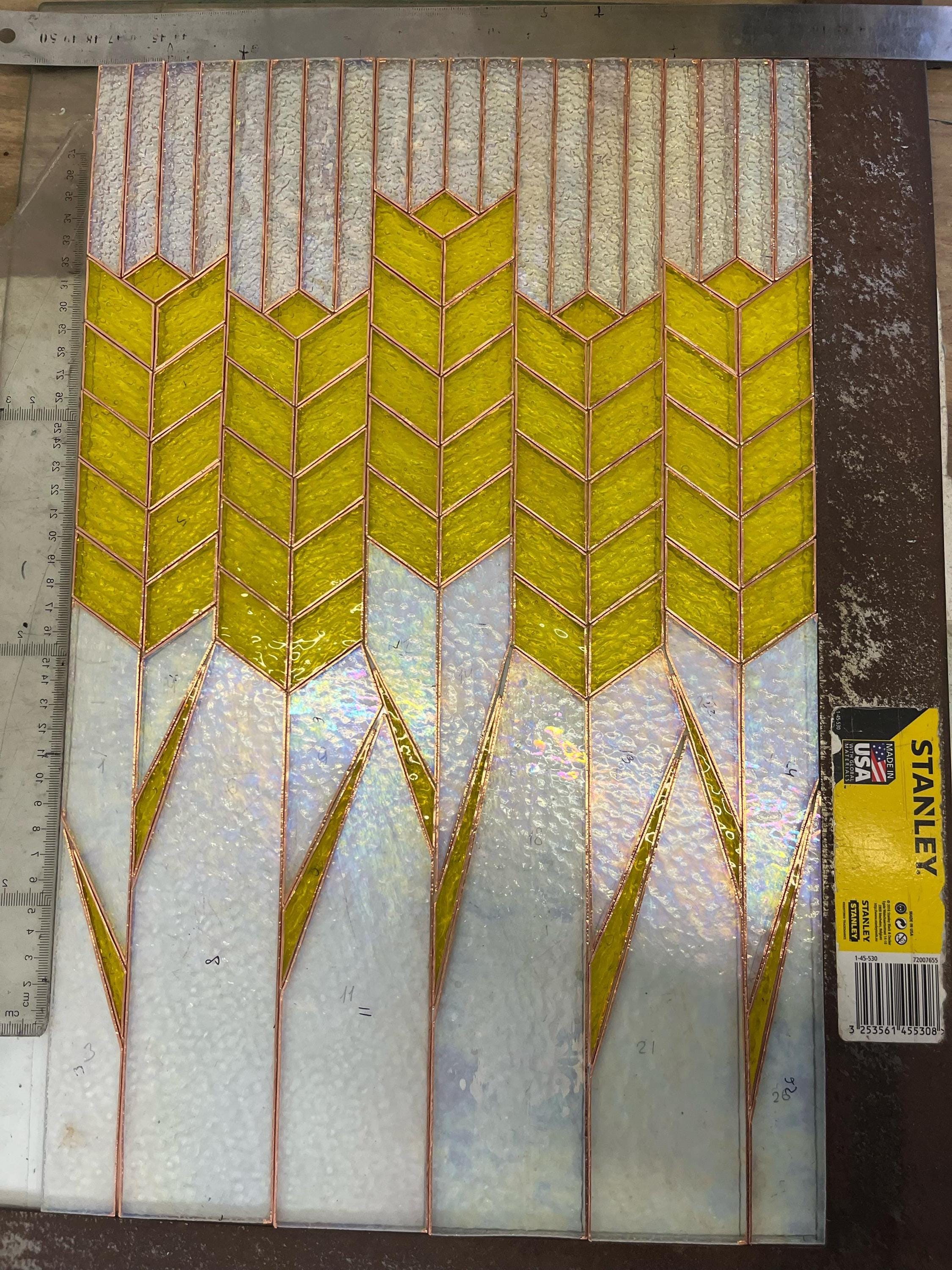 Golden Wheat Ears Stained Glass Panel Suncatcher, Ukrainian Spikelet Window Hanging 19x12.2 In, Harvest Wall Art, Farmhouse Kitchen Gift
