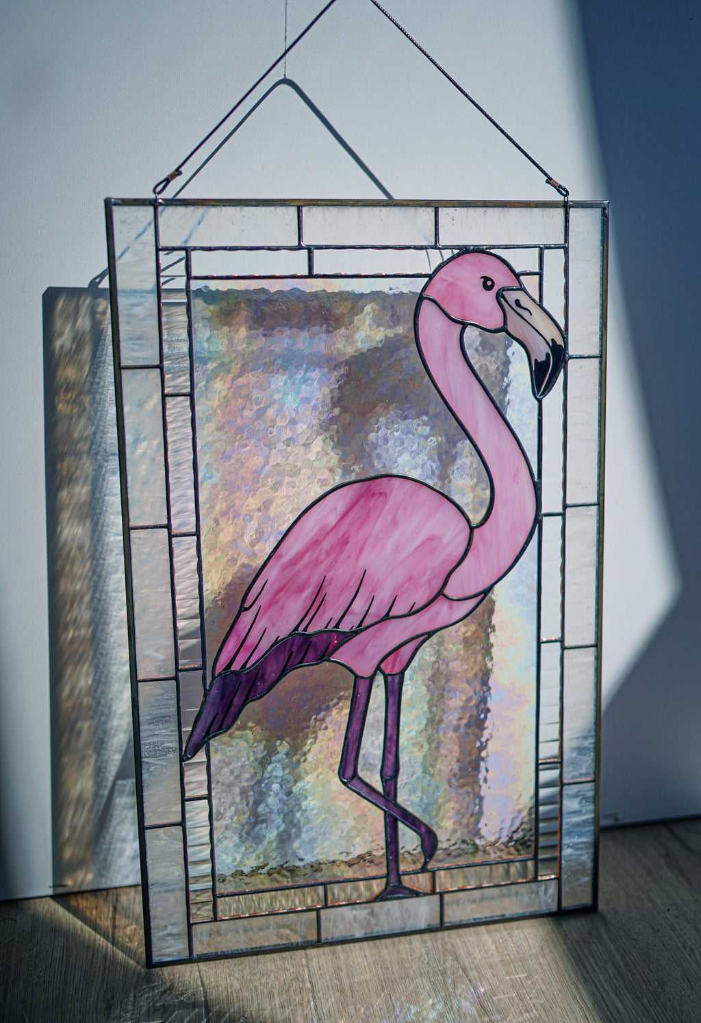 Pink Flamingo Stained Glass Window Panel, Handmade Suncatcher 17.5x11 In, Tropical Bird Beach House Decor Tiffany glass art