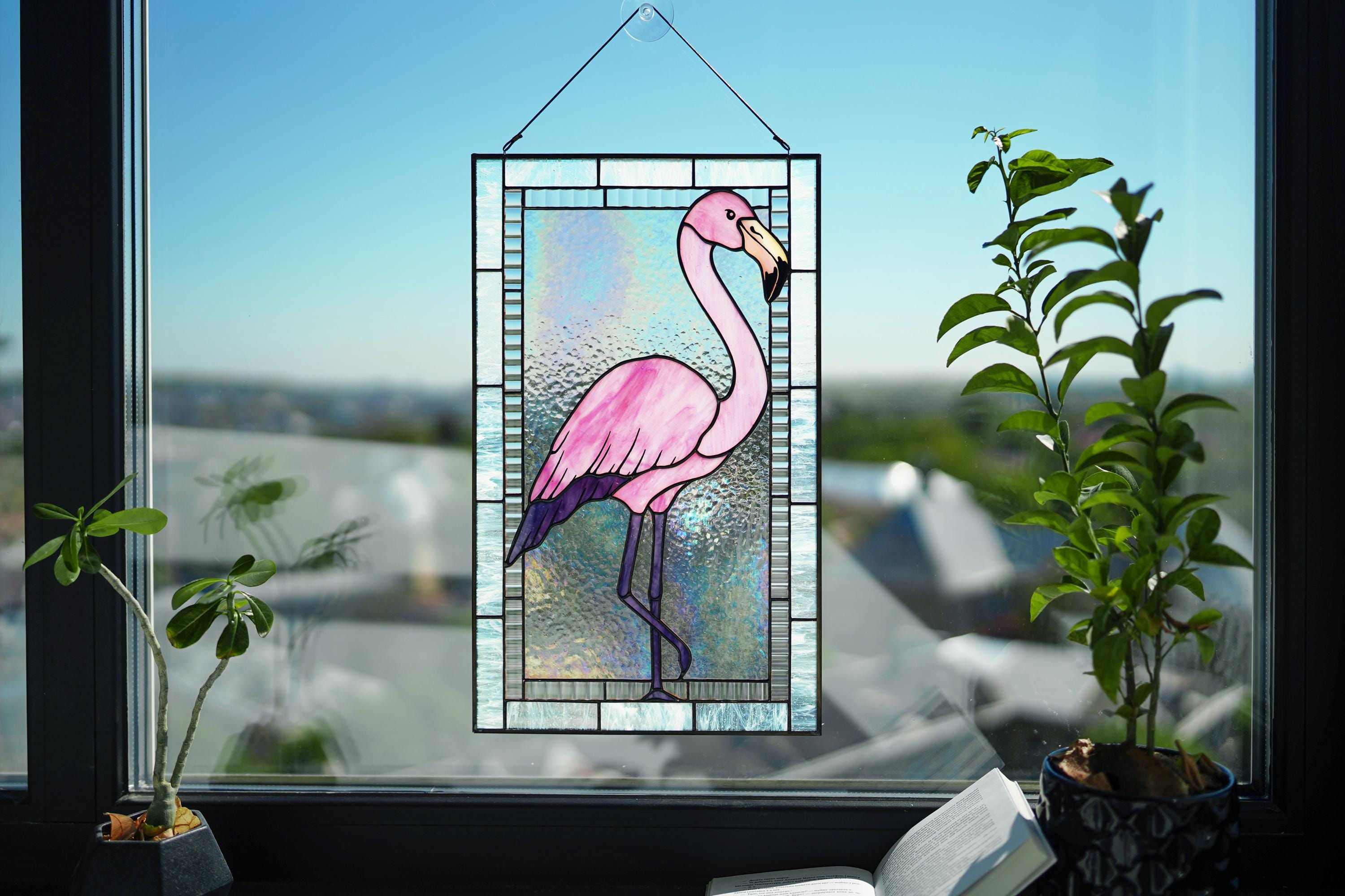 Pink Flamingo Stained Glass Window Panel, Handmade Suncatcher 17.5x11 In, Tropical Bird Beach House Decor Tiffany glass art