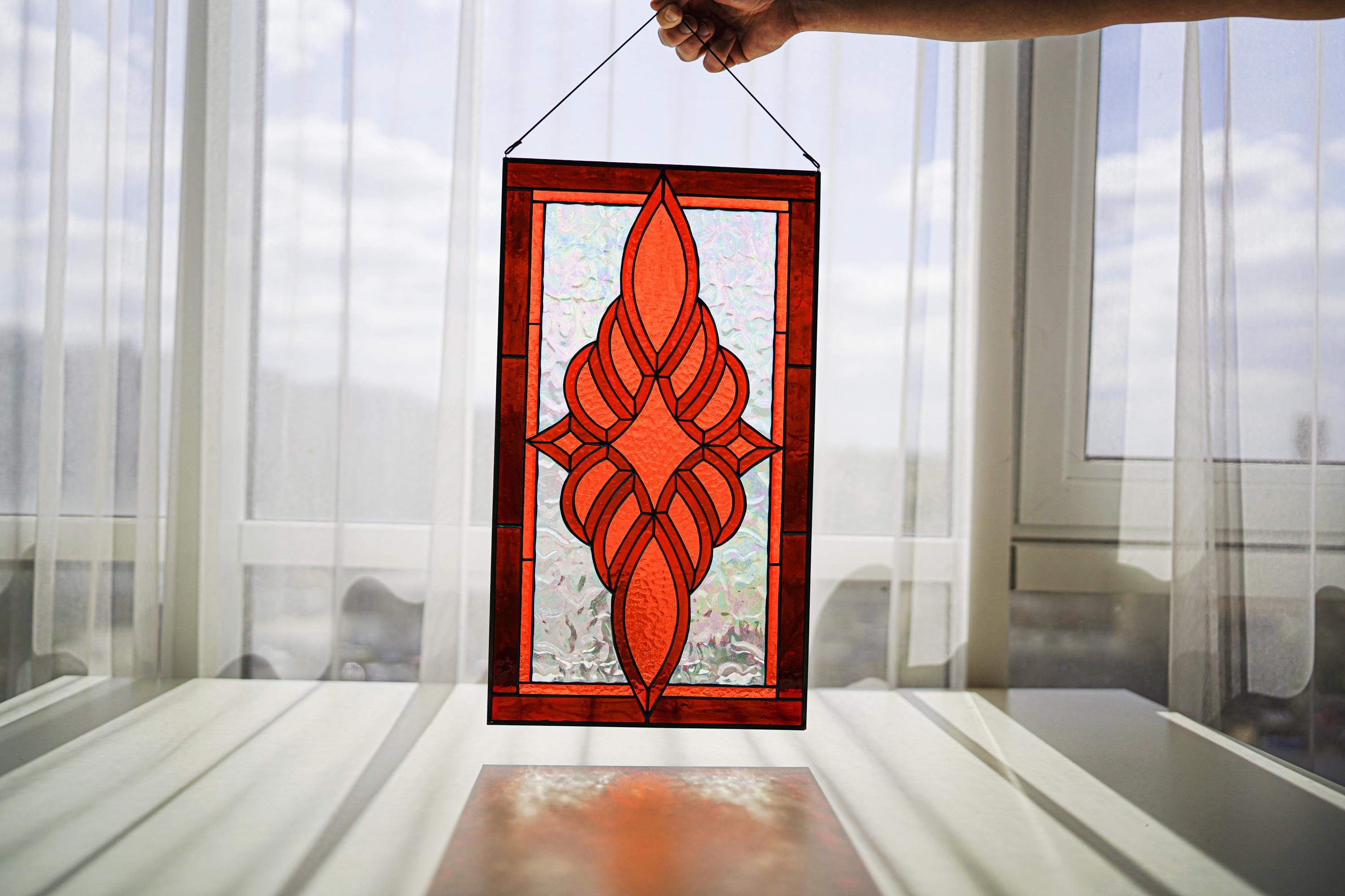 Red Orange Flame Stained Glass Panel Suncatcher, Abstract Fire Iridescent Window Hanging 19x11 In, Best Mothers Day Gift for Her