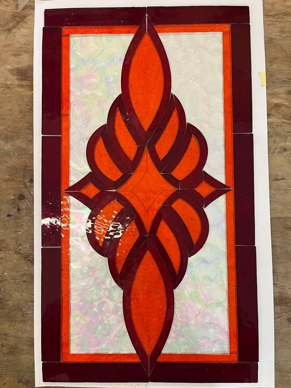 Red Orange Flame Stained Glass Panel Suncatcher, Abstract Fire Iridescent Window Hanging 19x11 In, Best Mothers Day Gift for Her