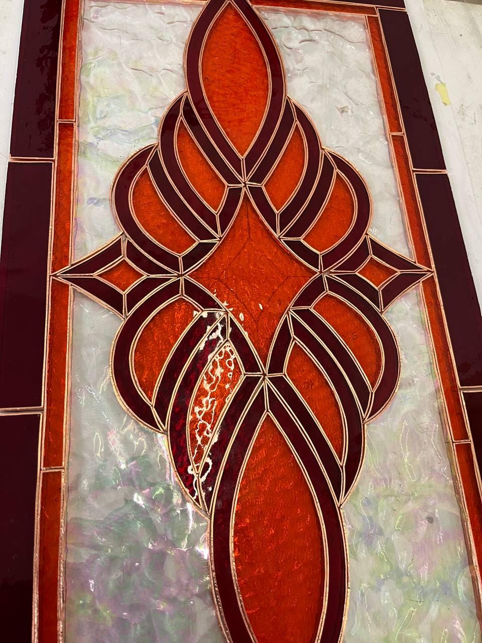 Red Orange Flame Stained Glass Panel Suncatcher, Abstract Fire Iridescent Window Hanging 19x11 In, Best Mothers Day Gift for Her