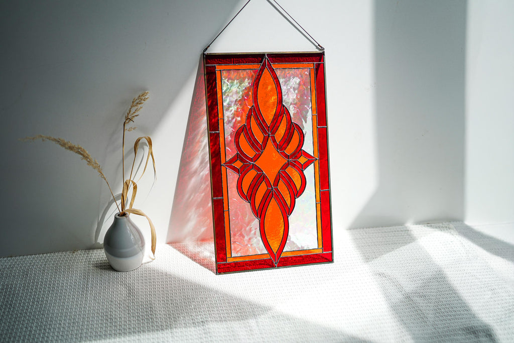 Red Orange Flame Stained Glass Panel Suncatcher, Abstract Fire Iridescent Window Hanging 19x11 In, Best Mothers Day Gift for Her