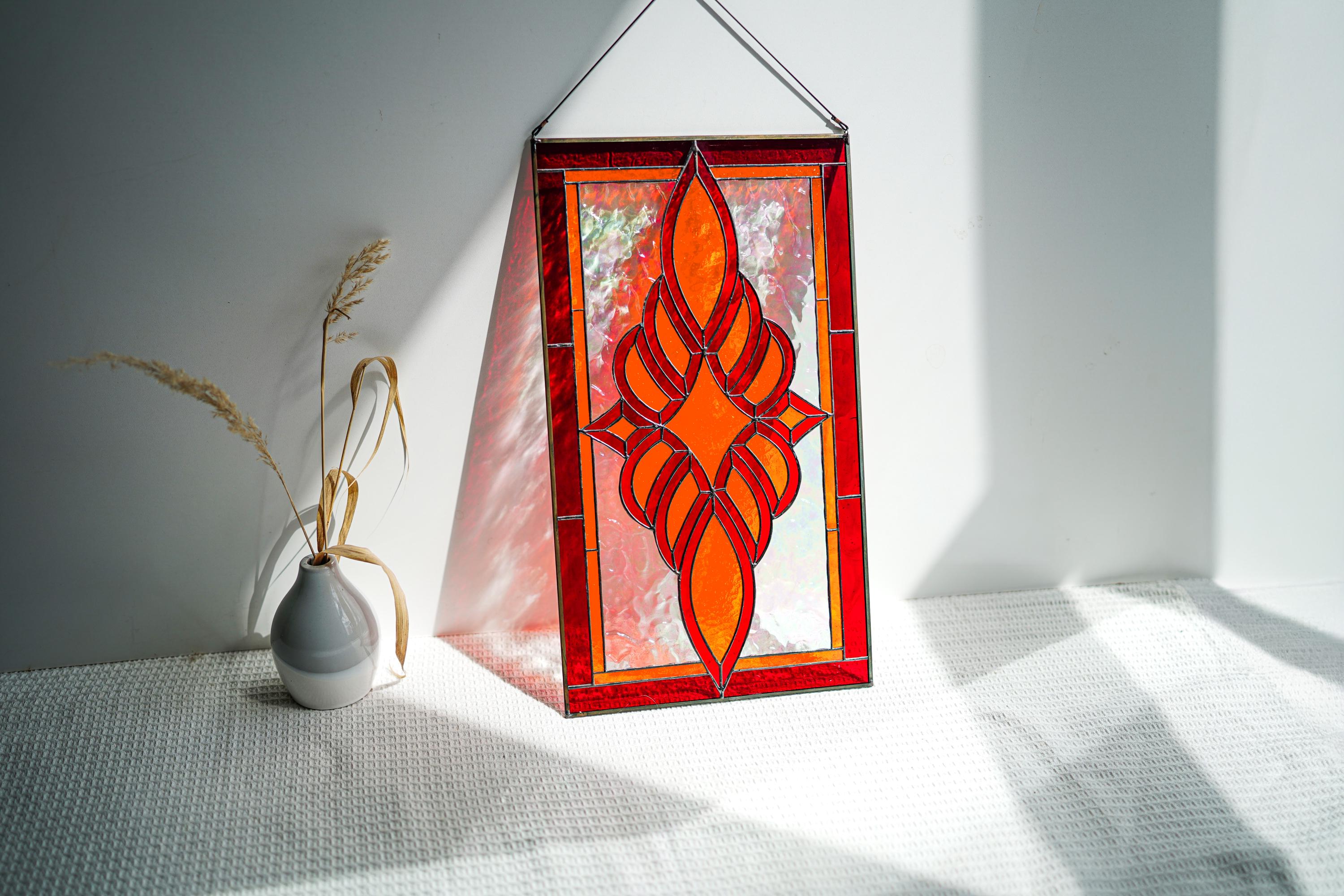 Red Orange Flame Stained Glass Panel Suncatcher, Abstract Fire Iridescent Window Hanging 19x11 In, Best Mothers Day Gift for Her