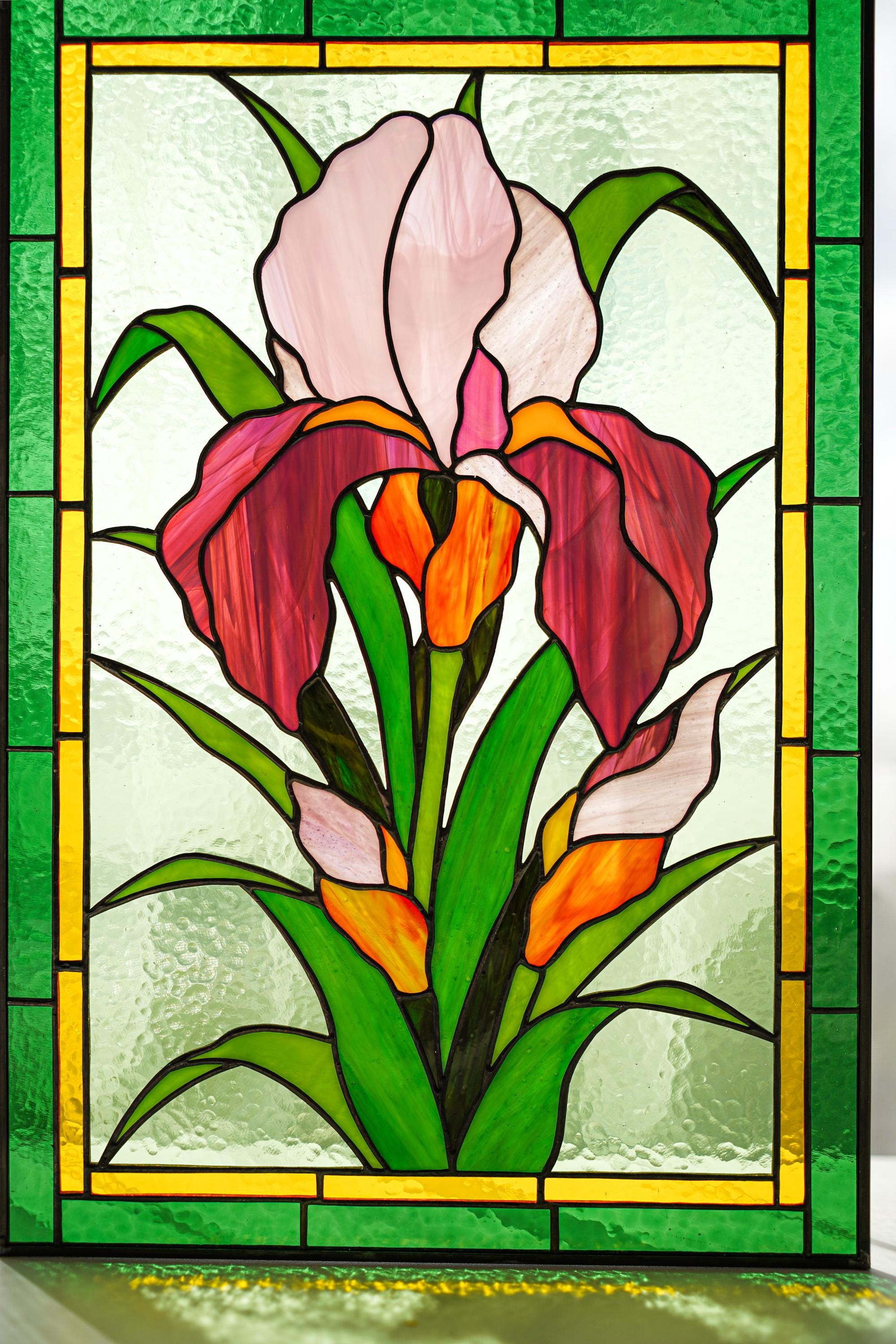 Pink Bearded Iris Stained Glass Panel Suncatcher, Tennessee State Flower Window Hanging 17.5x12 In, Gift for Her, Tiffany Glass Art
