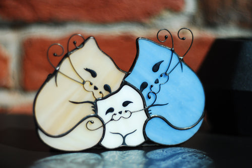 Cat Family Stained Glass Candle Holder, Three Cats Tiffany Tealight Tabletop Decor 5x3.5 in, Cat Lover Birthday Gift