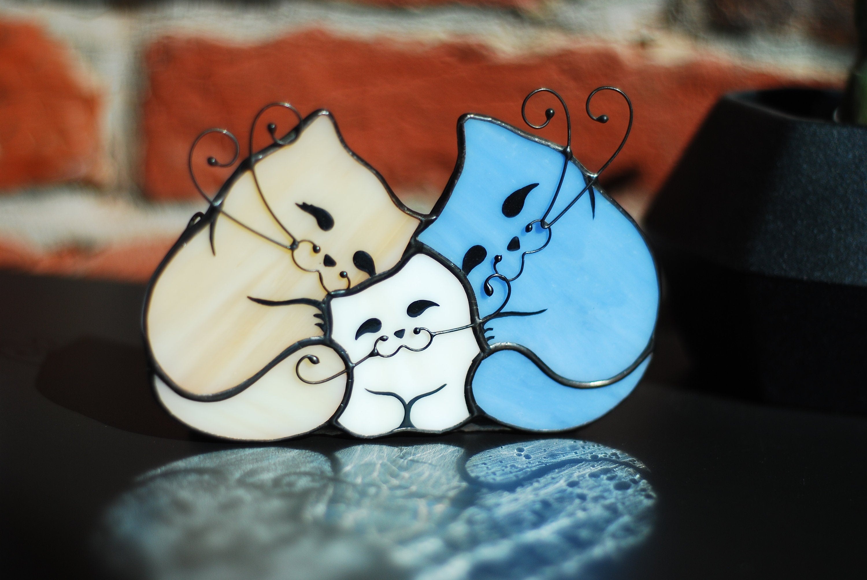 Cat Family Stained Glass Candle Holder, Three Cats Tiffany Tealight Tabletop Decor 5x3.5 in, Cat Lover Birthday Gift