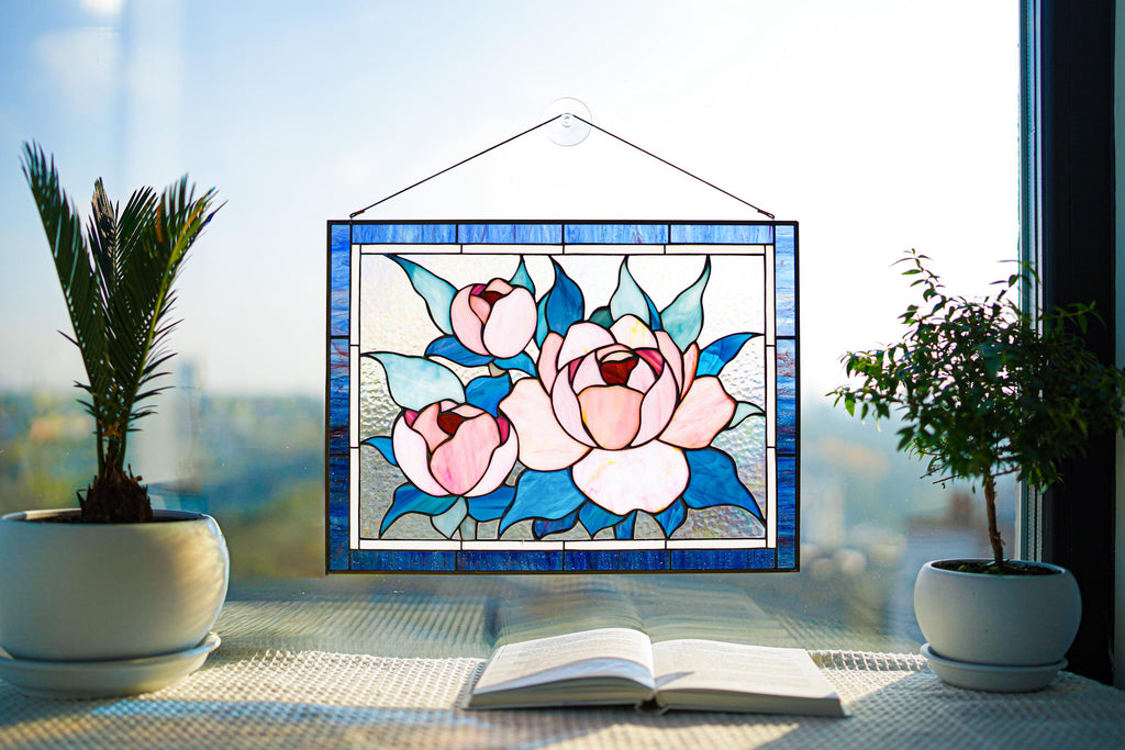 Pink peony stained glass window hangings 15.5x11.5" Unique gift for mom Custom stained glass flower decor Modern stained glass panel