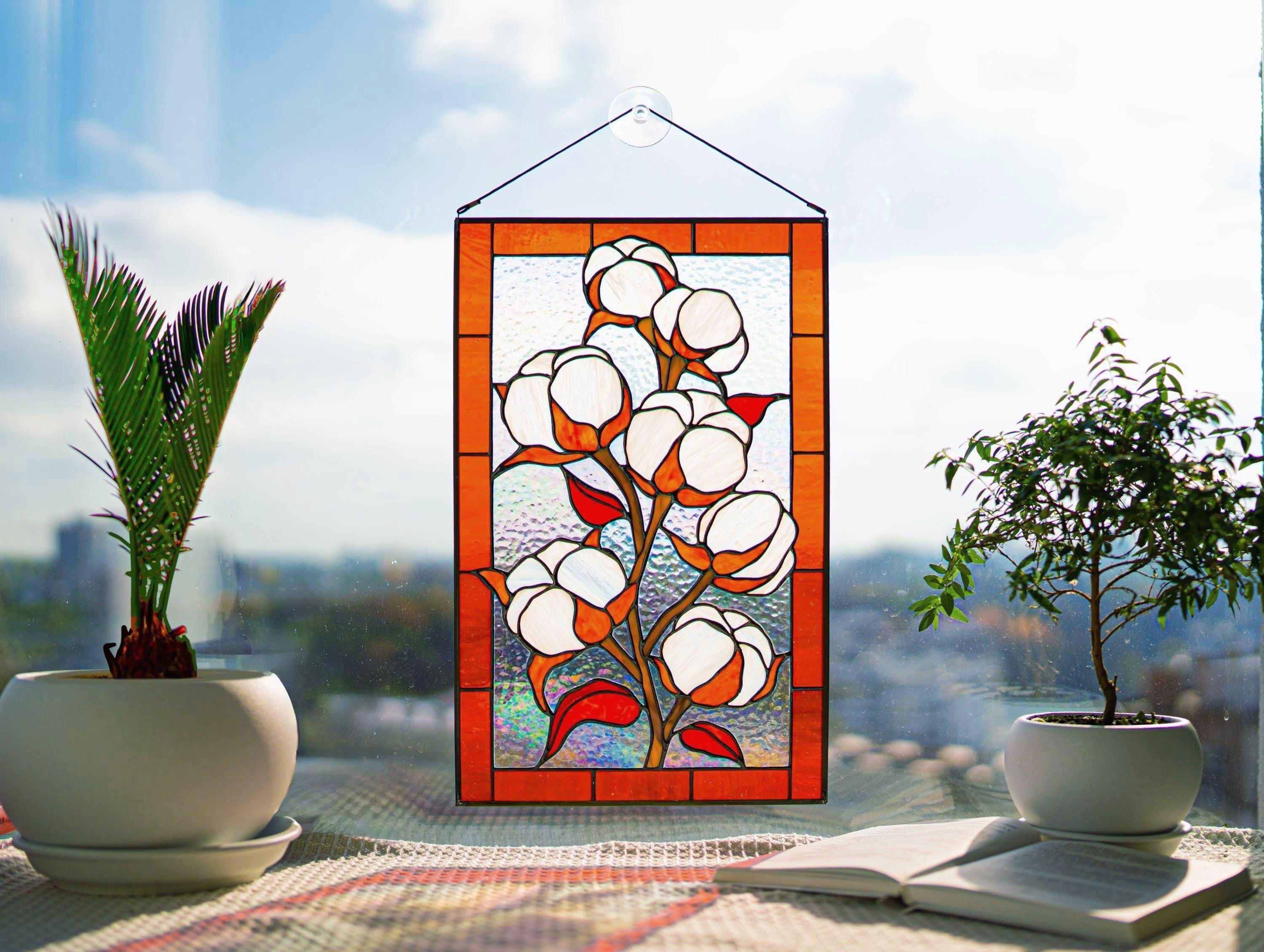 Cotton Stained glass window panel 11 x 16.5 in. Handmade personalized gift, Custom  Tiffany glass art, Modern stained glass window hangings