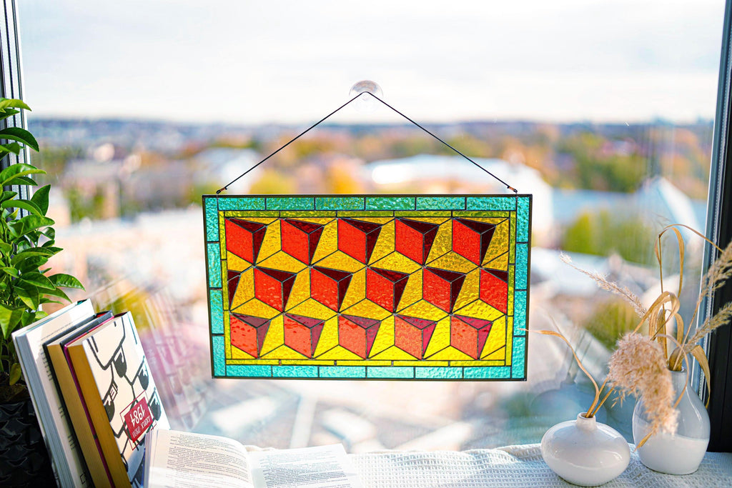 Geometric Stained Glass Window Panel 10 × 17 in. Custom Suncatcher: Modern Abstract Window Hangings, Mother’s Day gift, Tiffany Glass Art