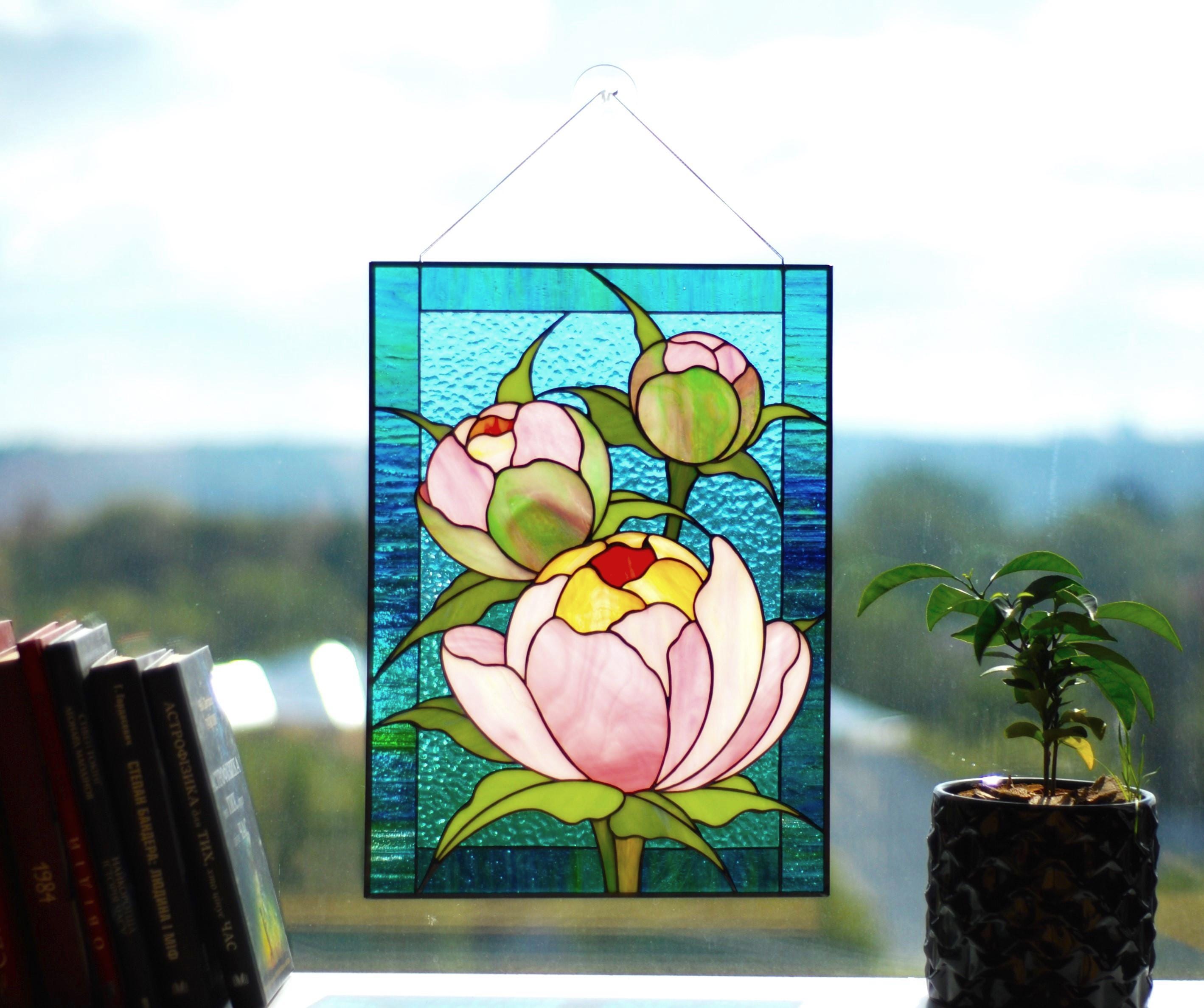 Pink Peonies Stained Glass Panel - Handmade Floral Suncatcher