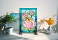 Tiffany Stained Glass Peony Panel, Floral Suncatcher with Wooden Stand