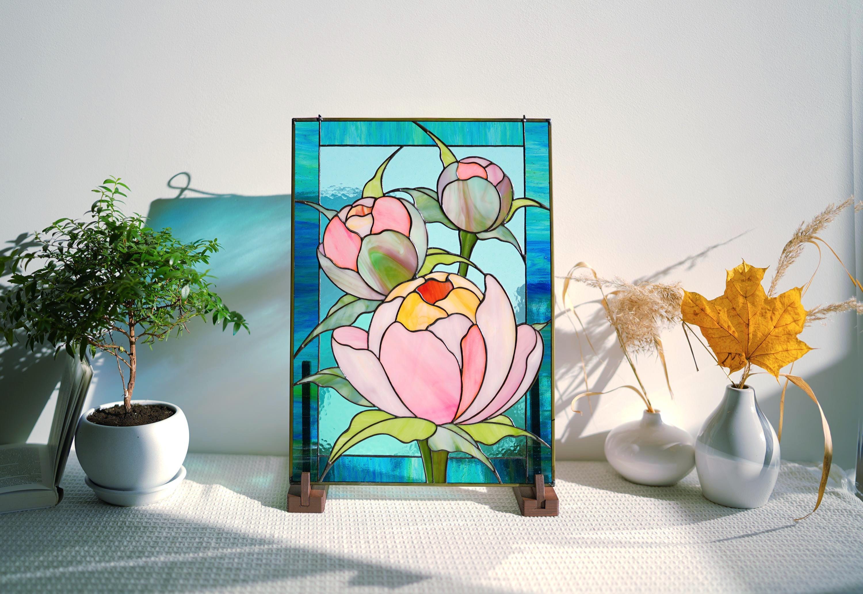 Tiffany Stained Glass Peony Panel, Floral Suncatcher with Wooden Stand
