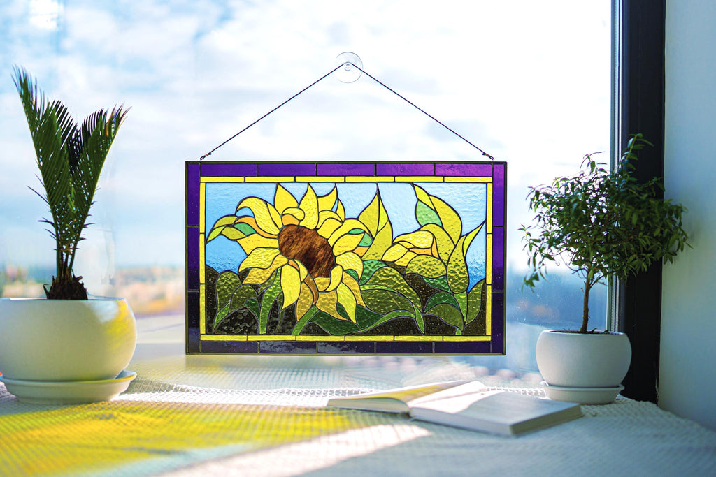Stained glass panel Sunflower, window hangings Stained glass suncatchers Yellow flower decor Large stained glass, Handmade personalized gift