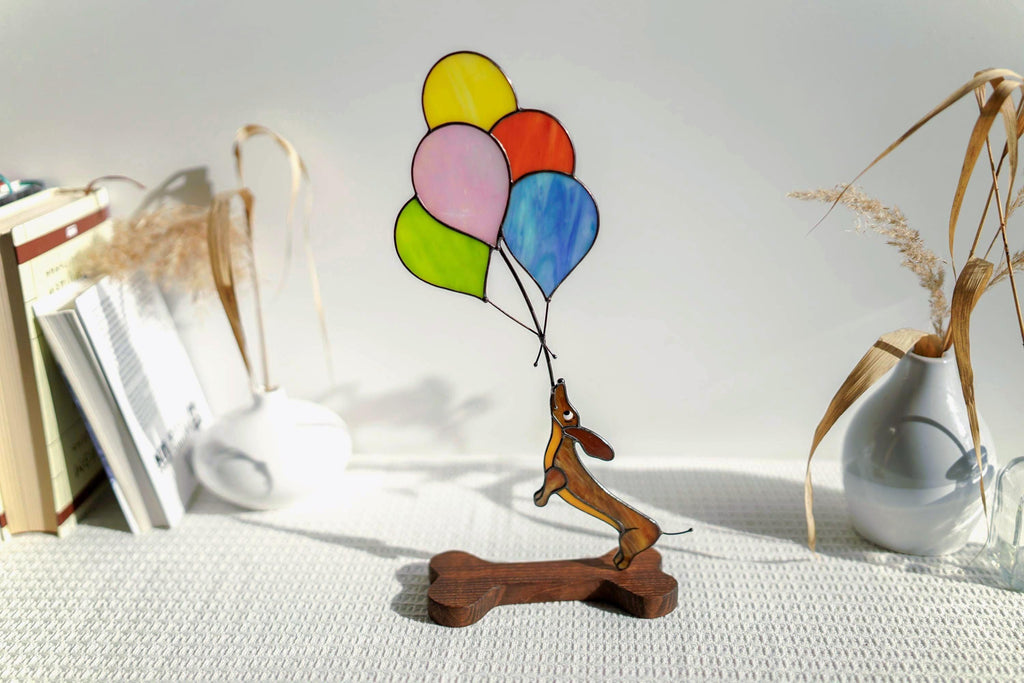 Stained Glass Dachshund with Balloons 13x6 Inch, Handmade Figurine for Dog Lovers, Unique Personalized Gift, Tiffany Glass Sculpture