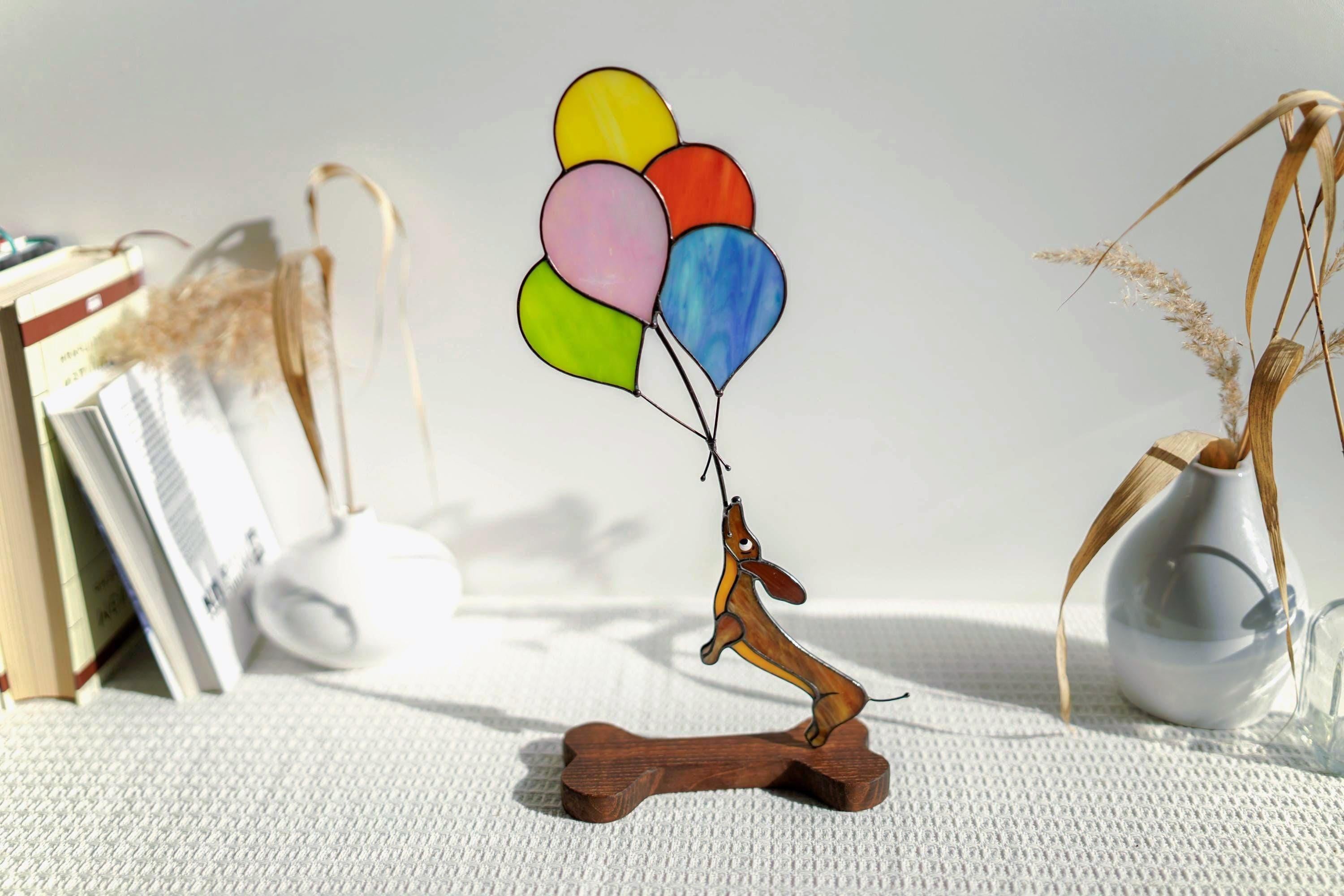 Stained Glass Dachshund with Balloons 13x6 Inch, Handmade Figurine for Dog Lovers, Unique Personalized Gift, Tiffany Glass Sculpture