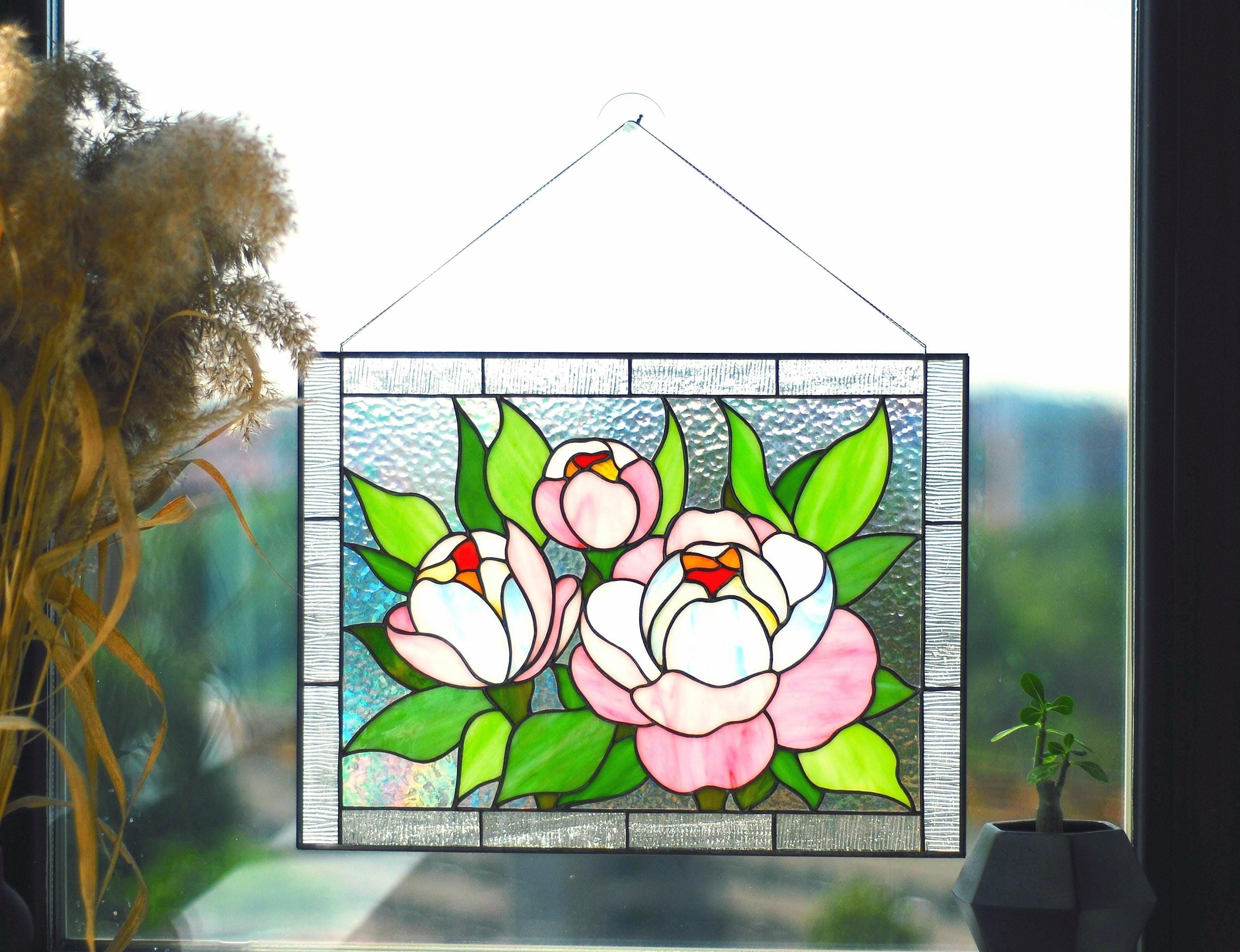 Peonies Stained Glass Window Hanging 15.5x11.5 in, Floral Panel Suncatcher, Pink Flower Home Decor, Botanical Wall Art, Handcrafted Gift