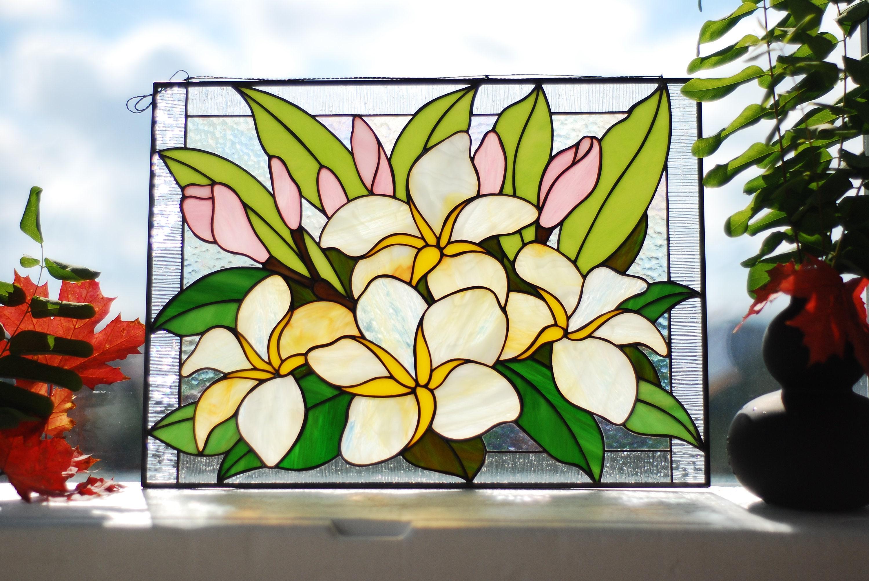 Plumeria Stained Glass Window Hanging, Frangipani Floral Panel, Tropical Flower Suncatcher, Botanical Wall Art, Handcrafted Nature Gift