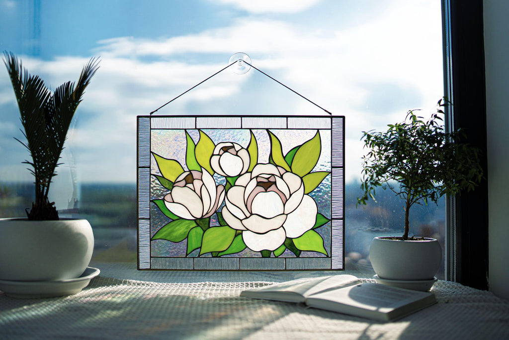 White peony stained glass panel, Flower window hangings Flower stained glass suncatcher, Tiffany window decor, Mother’s Day gift, Glass art