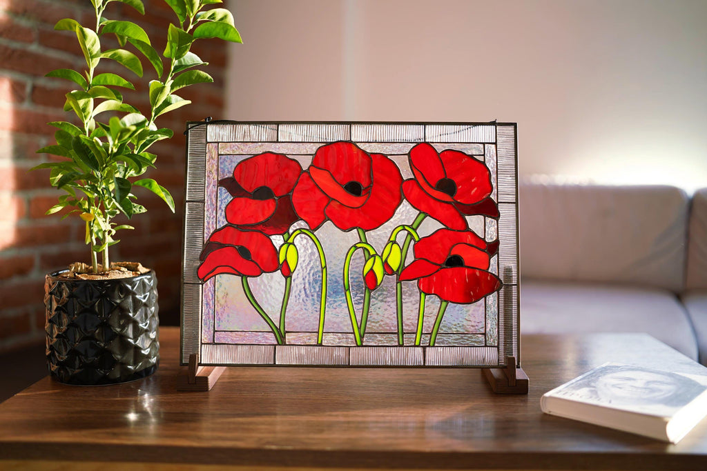 Stained Glass Red Poppy Panel 15.x11.5 inch | Flower Table Decor on Wooden Stands | Window Hanging Suncatcher, Mother’s Day gift, Glass Art