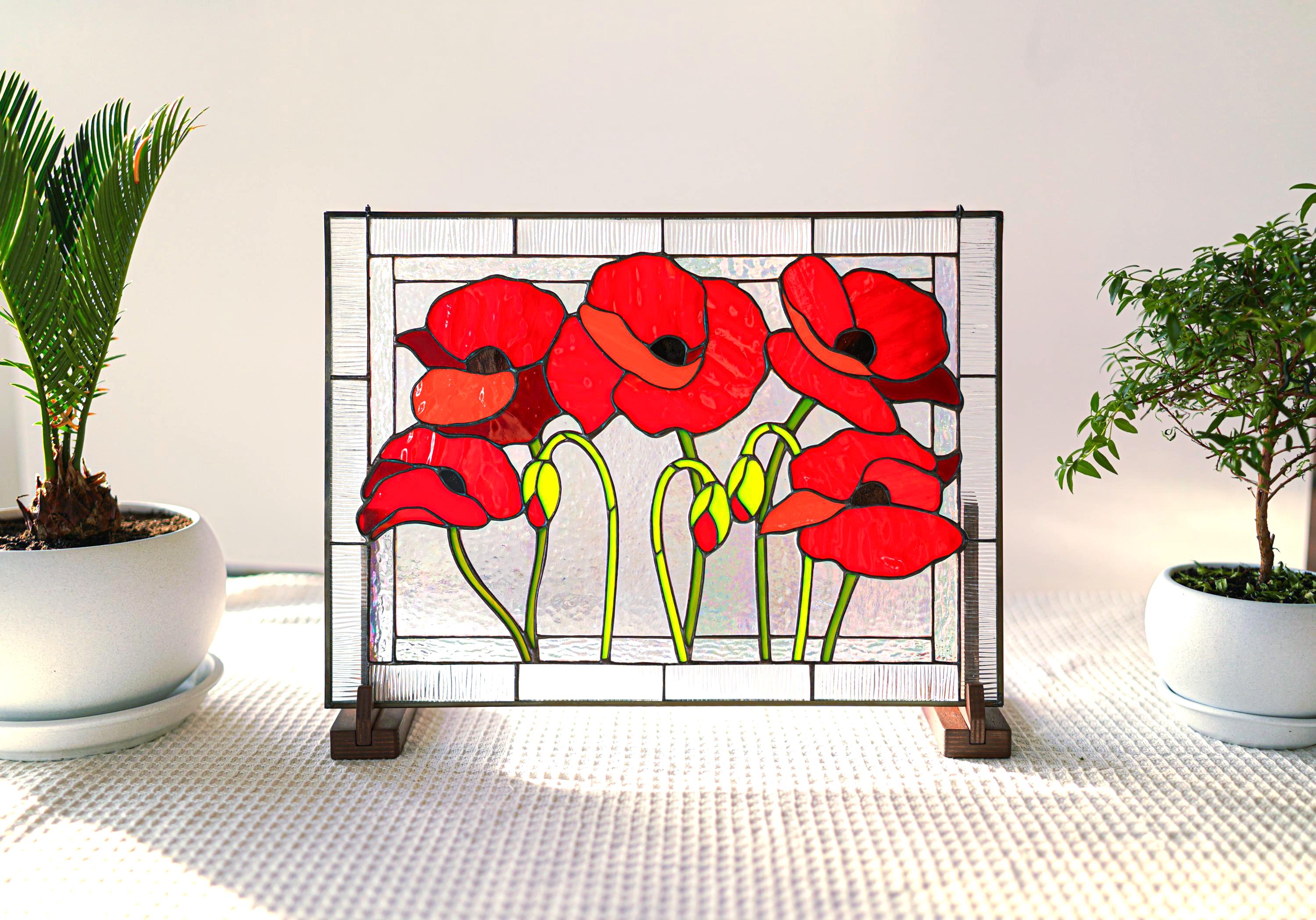 Stained Glass Red Poppy Panel 15.x11.5 inch | Flower Table Decor on Wooden Stands | Window Hanging Suncatcher, Mother’s Day gift, Glass Art