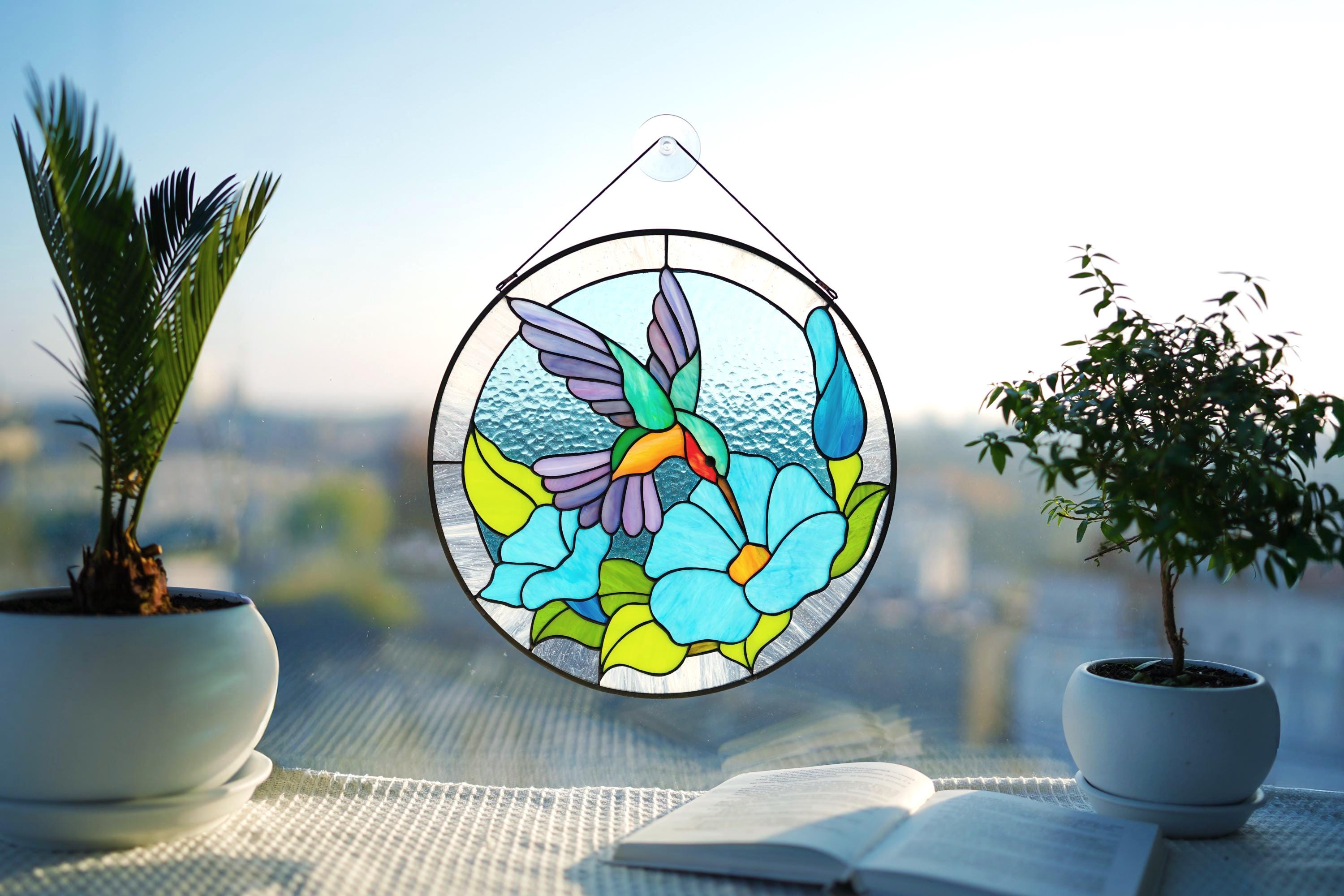 Stained Glass Hummingbird Suncatcher • Morning Glory Flower, Tiffany Panel, 12 In. Round Window Hangings, Stained glass art