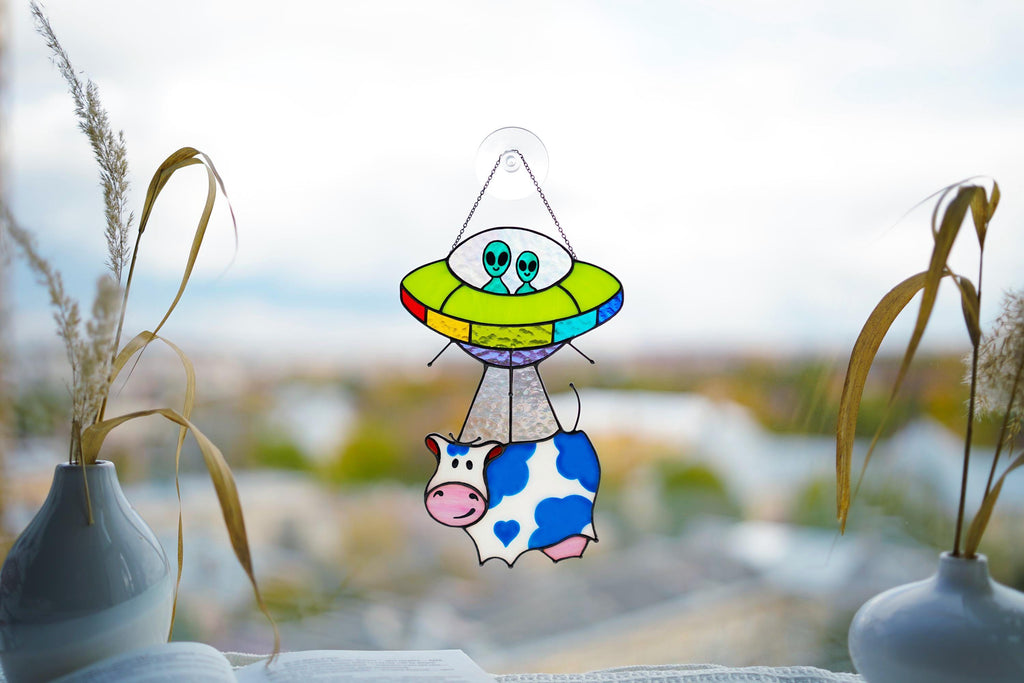 Stained Glass UFO Cow Abduction Suncatcher, Funny Alien Decor Handmade Window Hangings, Tiffany Glass Art