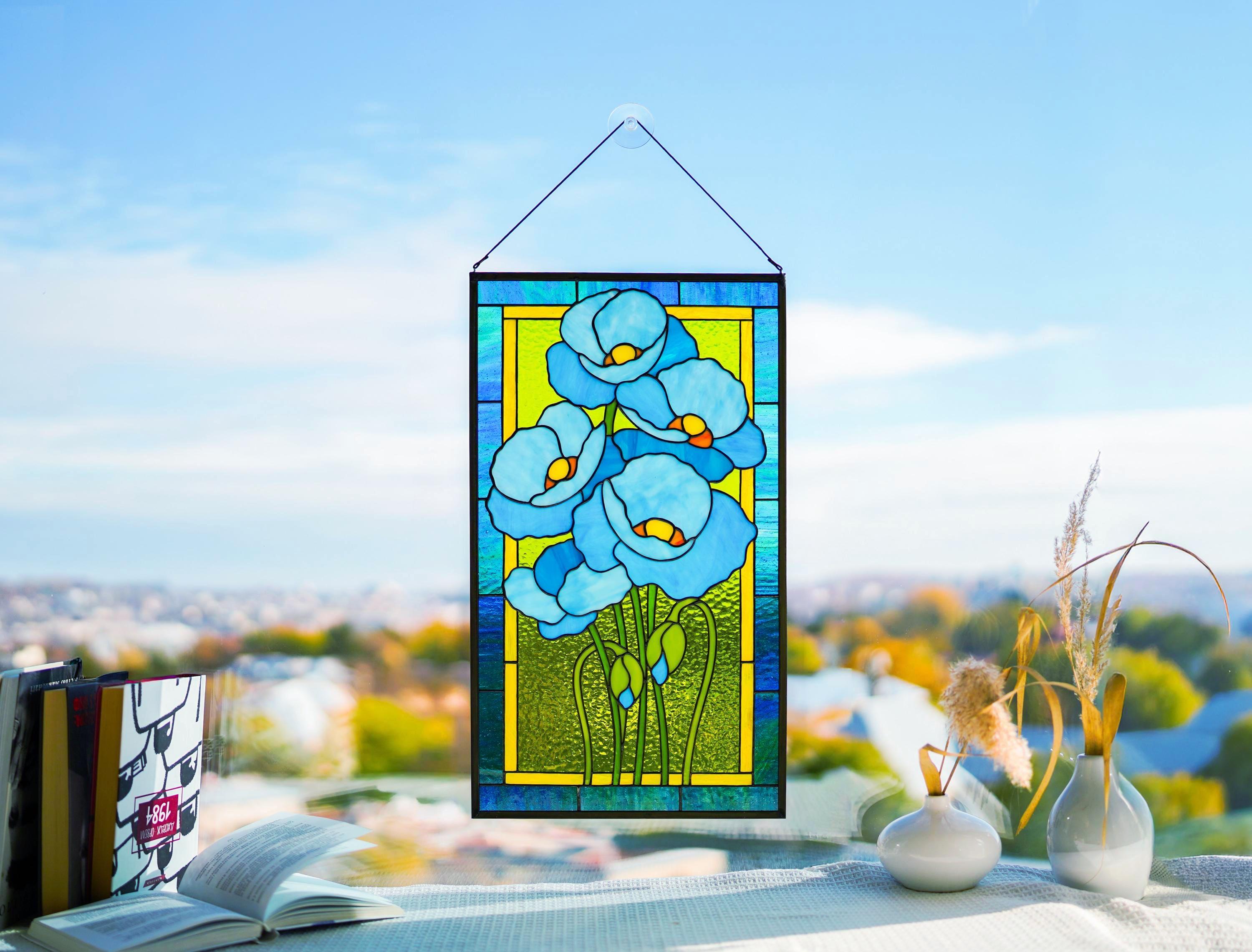 Stained Glass Window Panel Blue Poppy 20x11.5 in. Tiffany Style Sun catcher Window Hangings Glass Art. Handmade Personalized gift