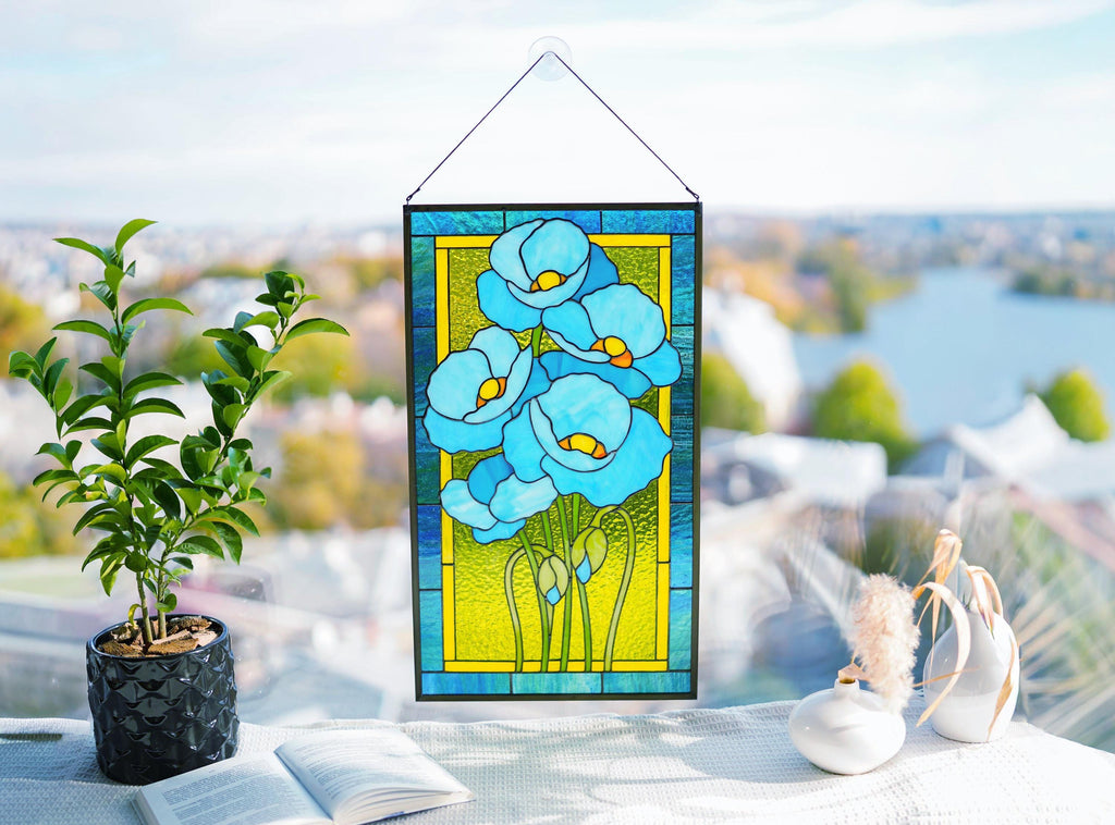 Stained Glass Window Panel Blue Poppy 20x11.5 in. Tiffany Style Sun catcher Window Hangings Glass Art. Handmade Personalized gift