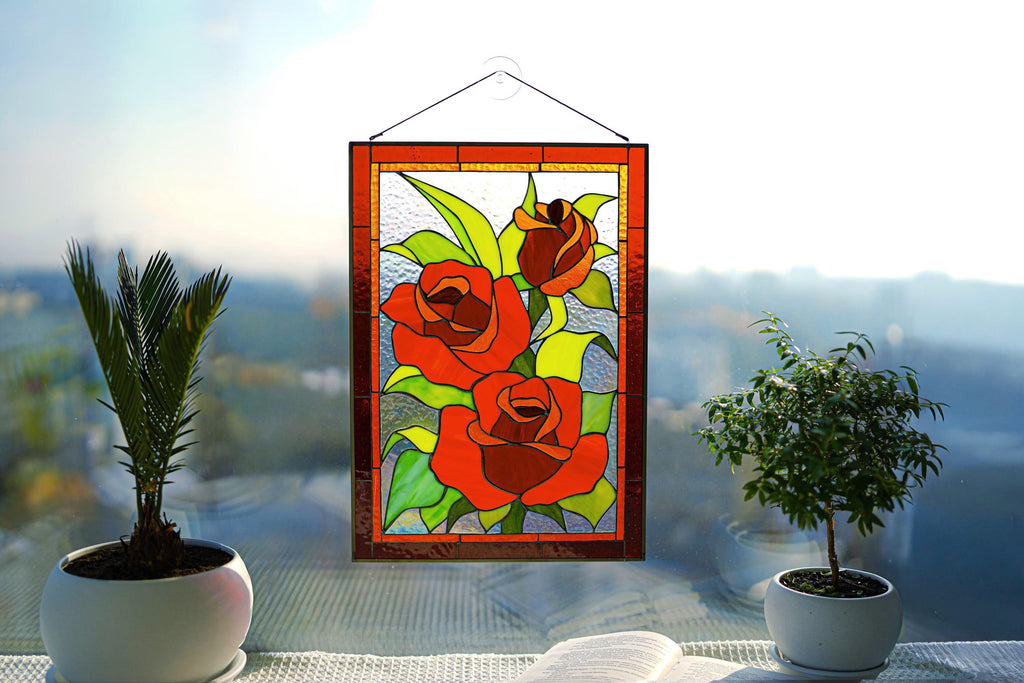 Stained Glass Panel Red Rose Flower, Window Hangings Tiffany Sun Catcher Personalized gift, Glass Art, Handmade Window Decor