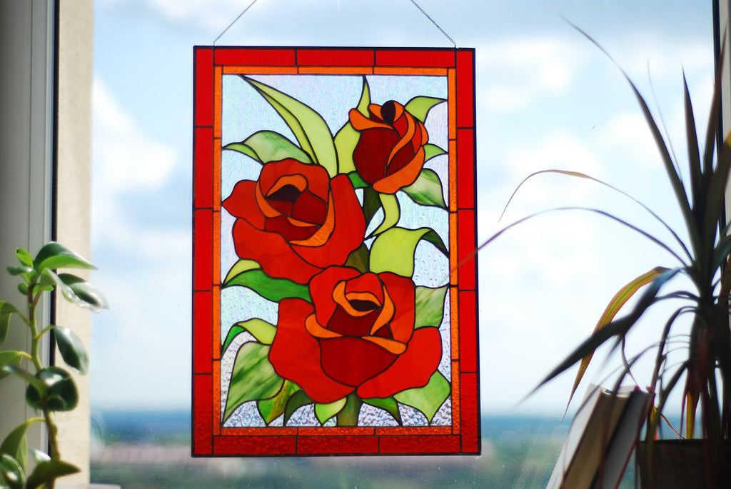 Stained Glass Panel Red Rose Flower, Window Hangings Tiffany Sun Catcher Personalized gift, Glass Art, Handmade Window Decor