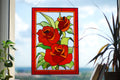 Stained Glass Panel Red Rose Flower, Window Hangings Tiffany Sun Catcher Personalized gift, Glass Art, Handmade Window Decor