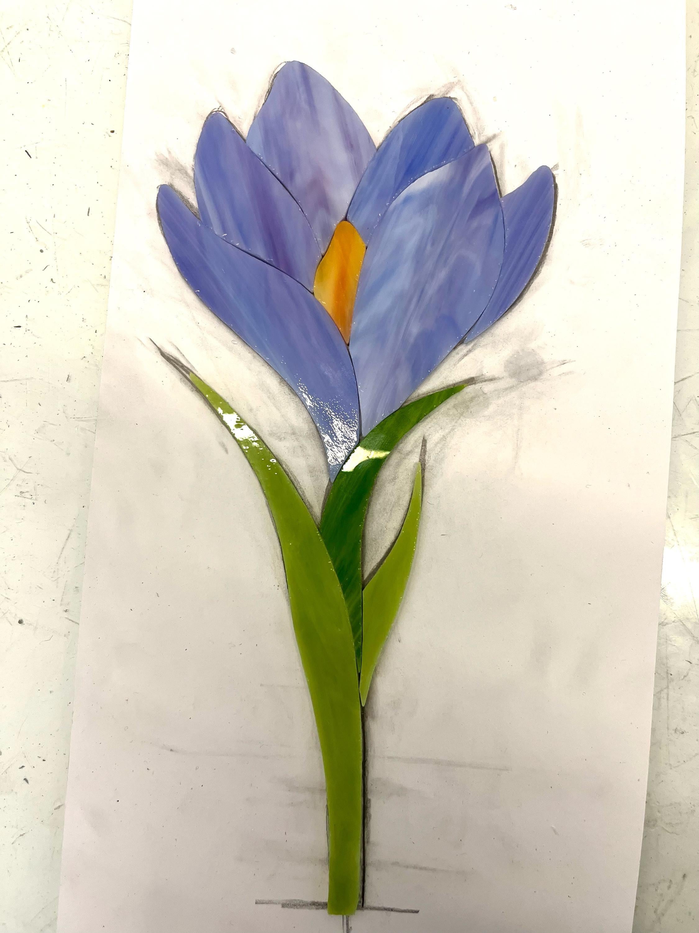 Stained Glass Crocus Flower 9x5.5 inch Suncatcher on Wooden Stand Table Ornament, Handmade Personalized gift, Tiffany Glass Art