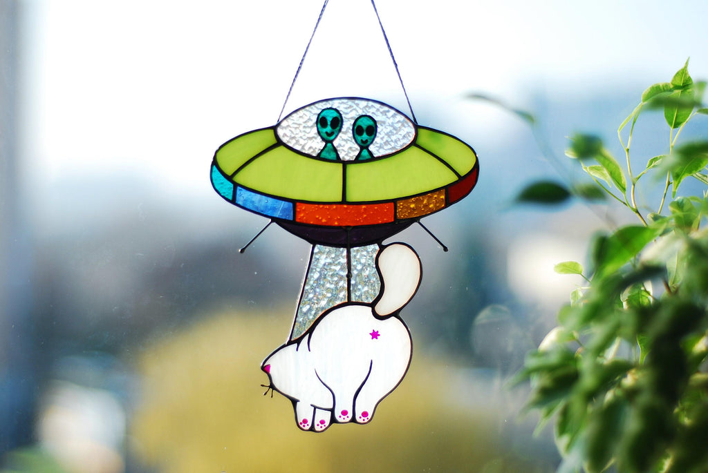 Stained Glass UFO Abducting Cat Suncatcher, Alien Spaceship Window Hanging